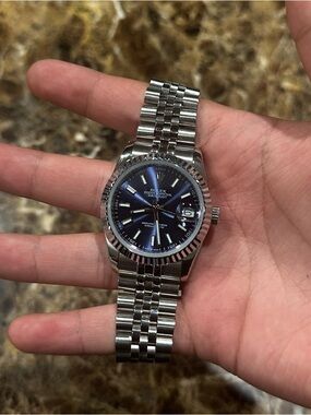Men’s Silver Stainless Steel Watch With Navy Blue Face